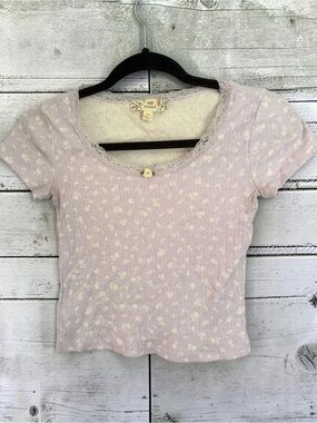 Pink Republic Lavender Coquette Ribbed Top XS Lace Trim Rosette Micro Floral